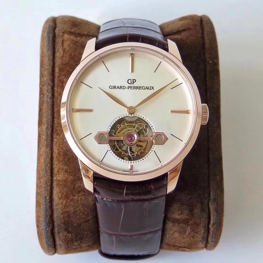 Shop Girard Perregaux 1966 Tourbillon Sous Pont D’Or 99535-52-131-BKBA Noob Factory Rose Gold White Dial Tourbillon-1