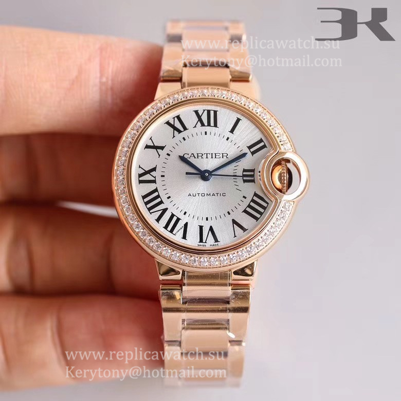 Shop Ca*t1er Ballon Bleu 28mm / 33mm / 36mm 3KF Rose Gold & D1am0nd Silver Dial Quartz / NH05A Size 28mm