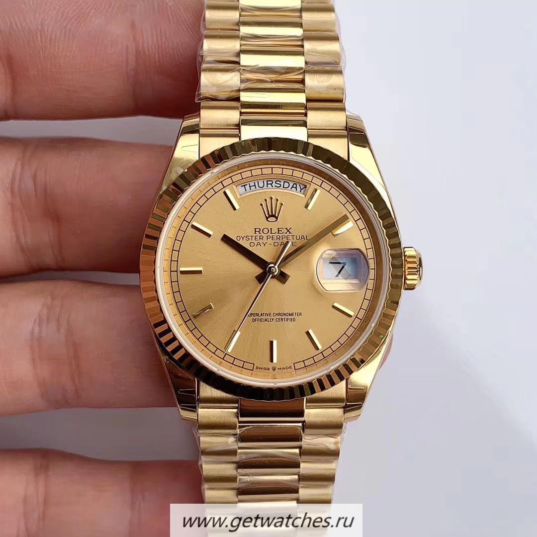 Fake R01ex Day-Date 36 128238 EWF Yellow Gold Champagne Dial 3255