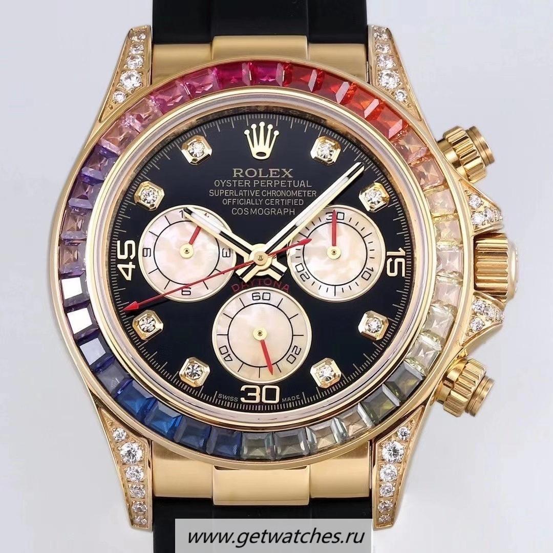 Perfect Replica R01ex Daytona Rainbow 116598 RBOW BLF V2 Yellow Gold & D1am0nd Black Dial 4130