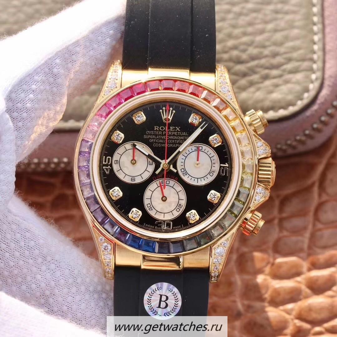 Fake R01ex Daytona Rainbow 116598 RBOW BLF Yellow Gold & D1am0nd Black Dial 4130