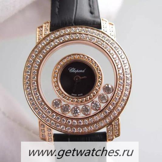 Fake Chopard Happy D1am0nds Ladies Rose Gold Black Dial Quartz