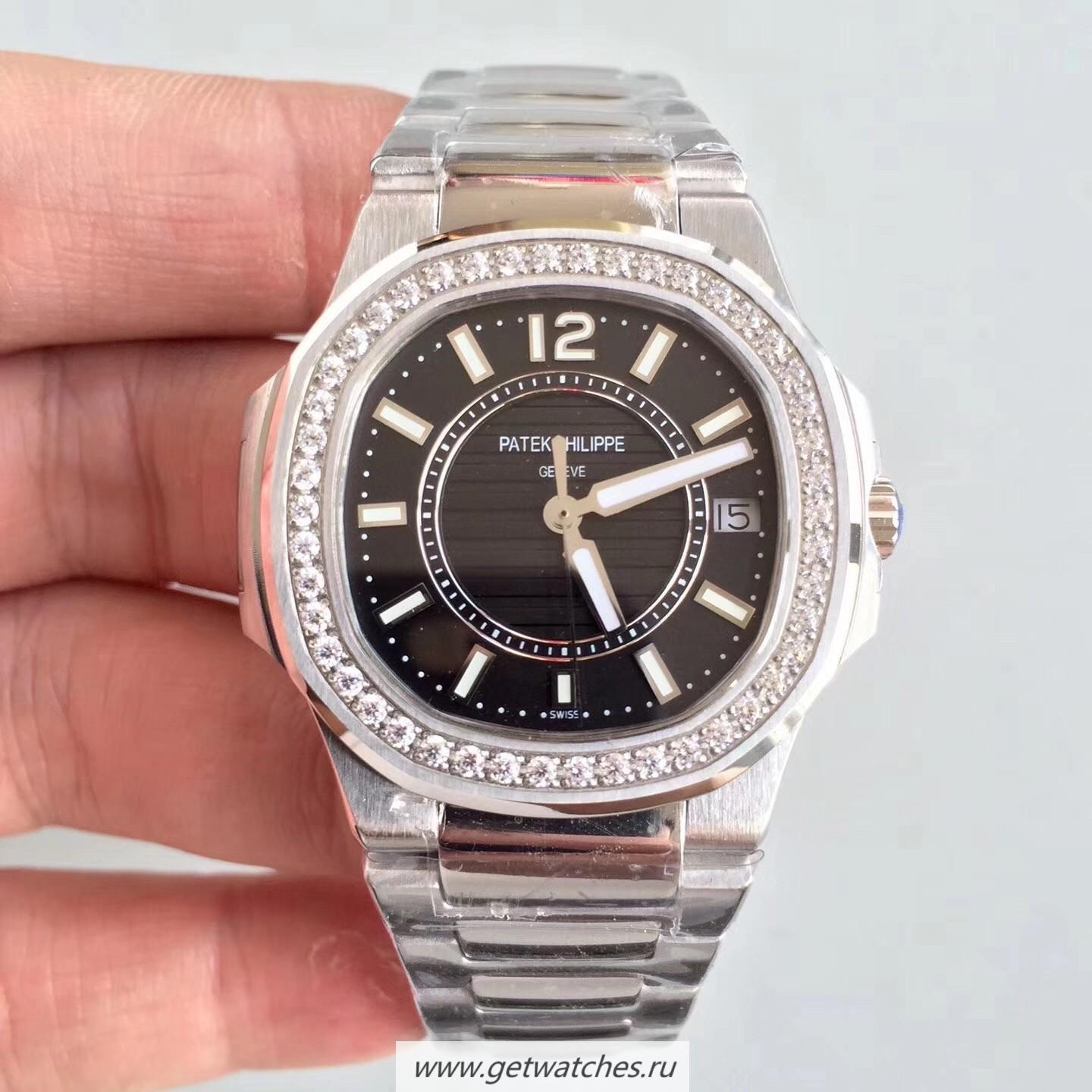 Fake Pat*k Phi1i*pe Nautilus Ladies 7010/1G-010 JJF SS & D1am0nds Black Dial Quartz E23-250 S C