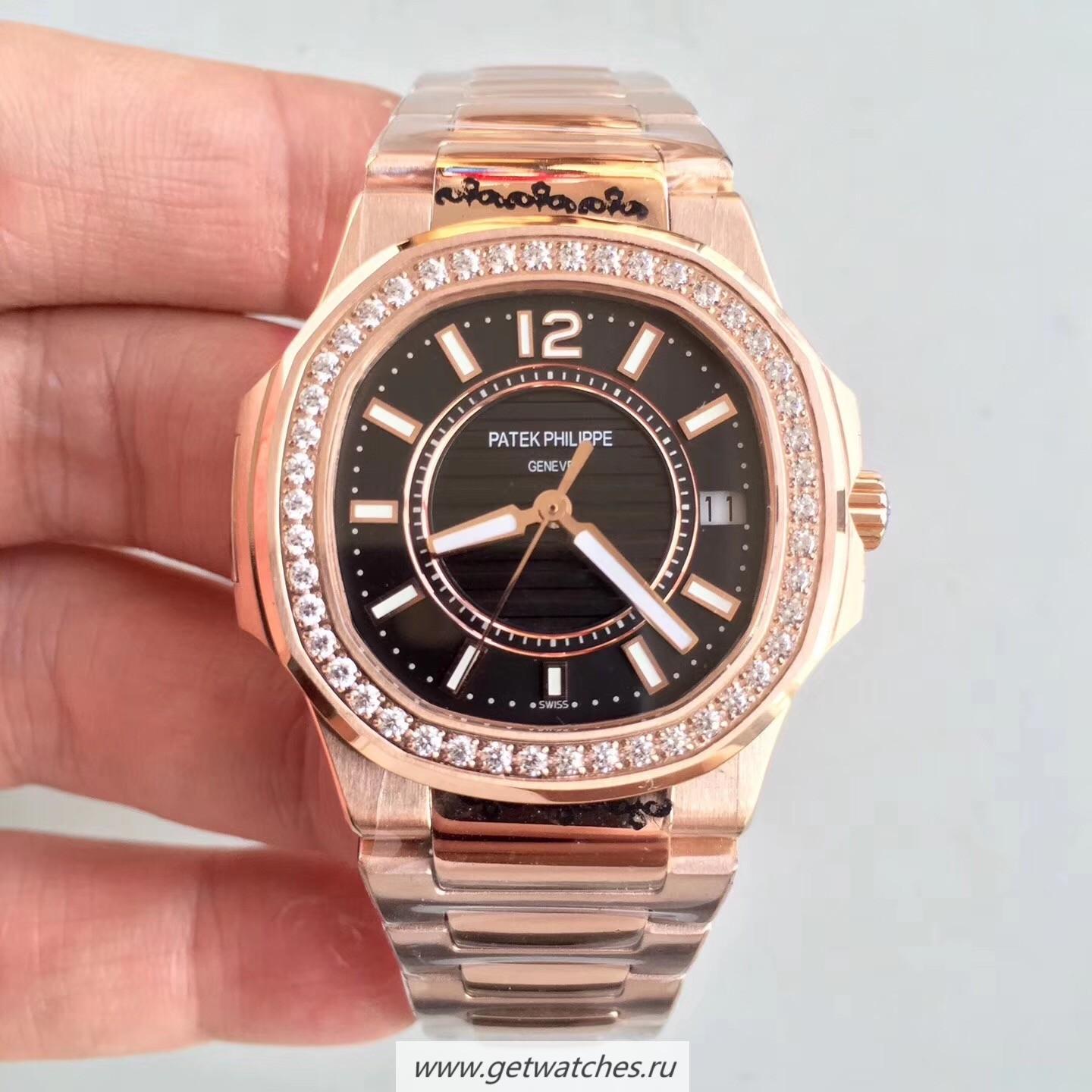 Copy Pat*k Phi1i*pe Nautilus Ladies 7010/1R-010 JJF Rose Gold & D1am0nds Black Dial Quartz E23-250 S C