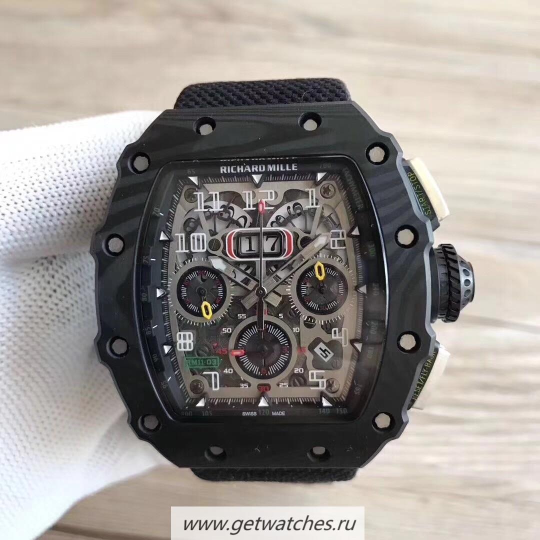 Shop Richard Mille RM011-03 Flyback Chrono KLF Forged Carbon Black Skeleton Dial 7750