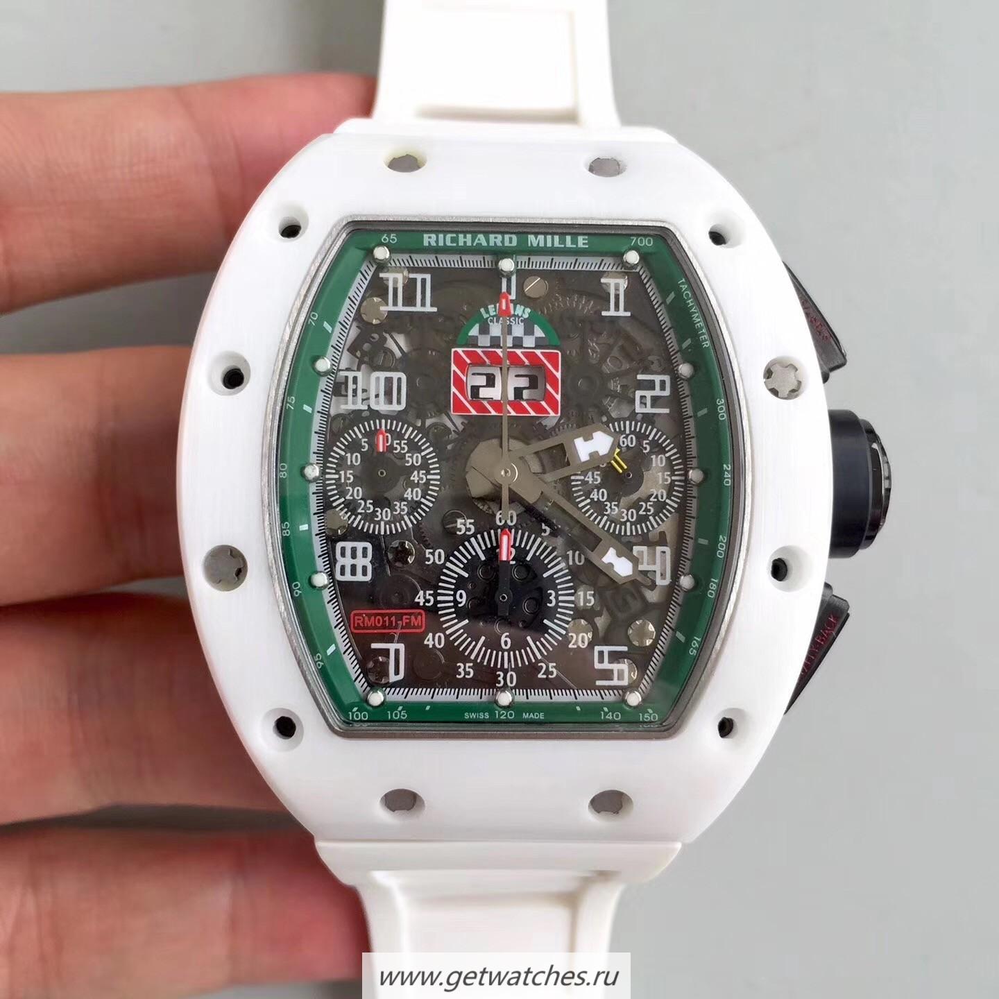 High Quality Richard Mille RM011-FM Felipe Massa Flyback Dubai Chrono KVF White Ceramic Green Skeleton Dial 7750