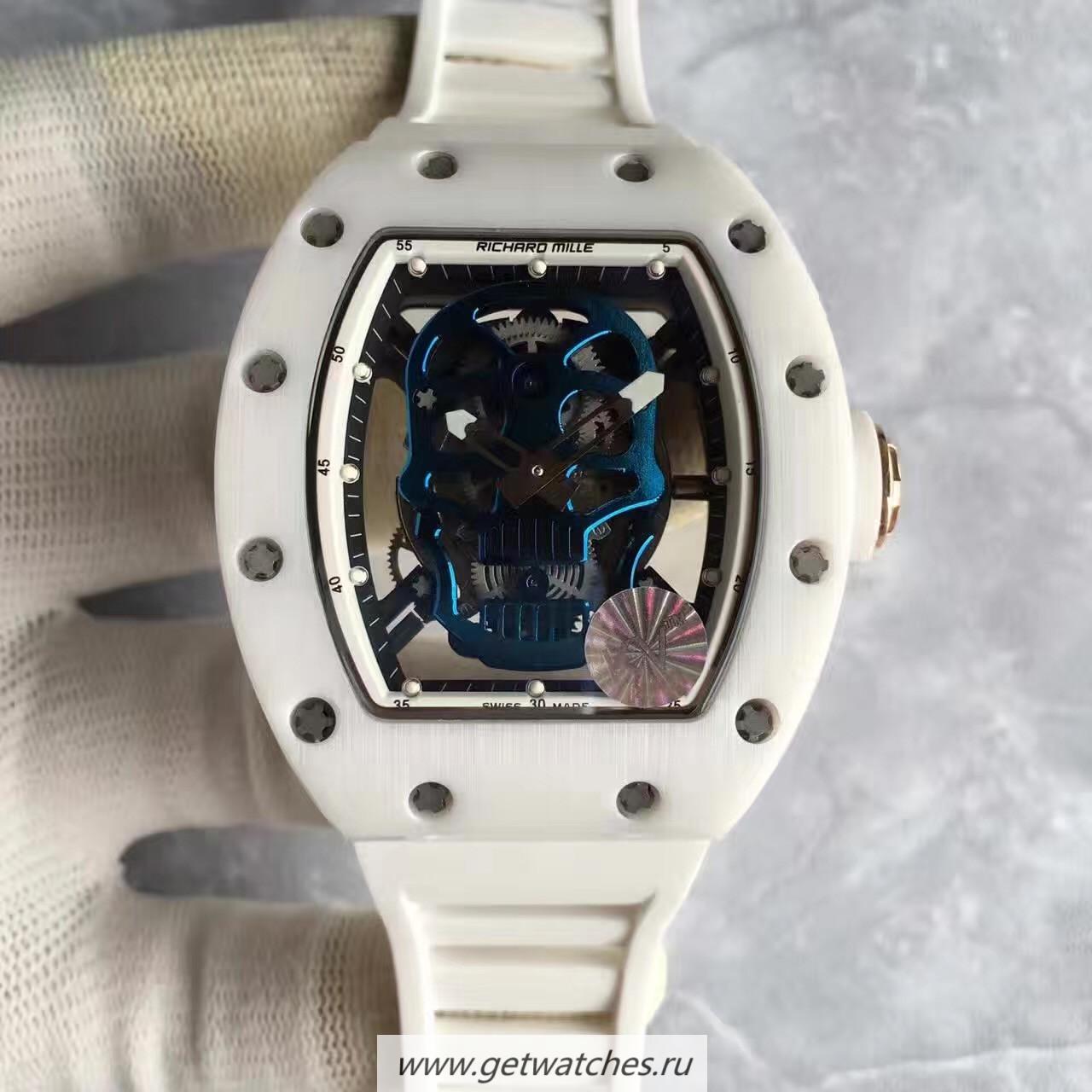 Copy Richard Mille RM052 KVF White Ceramic & Rose Gold Blue Skull Dial M6T51