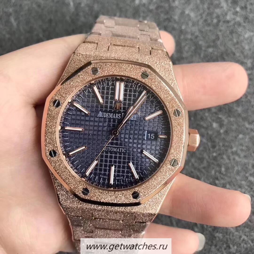 Perfect Replica Audemars Royal Oak Frosted Gold 41mm 15410BC Noob Factory Rose Gold Black Dial 3120