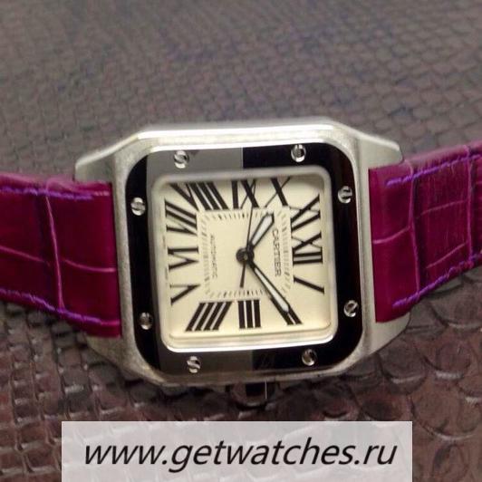High Quality Ca*t1er Santos 100 Midsize SS White Dial Purple Leather Strap 2836